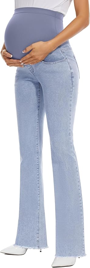 GLAMIX Women's Stretch Maternity Bootcut Jeans with Pockets Over The Belly Bell Bottoms Flare Denim Pants Pregnancy Clothes