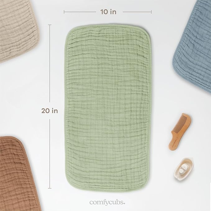 Comfy Cubs Muslin Burp Cloths 20" x 10", Pack of 6 - Large, 6-Layer, Ultra Absorbent 100% Cotton for Baby Drool and Messes - Soft, Safe & Gentle Baby Burp Cloths Set for Boys & Girls - Sage
