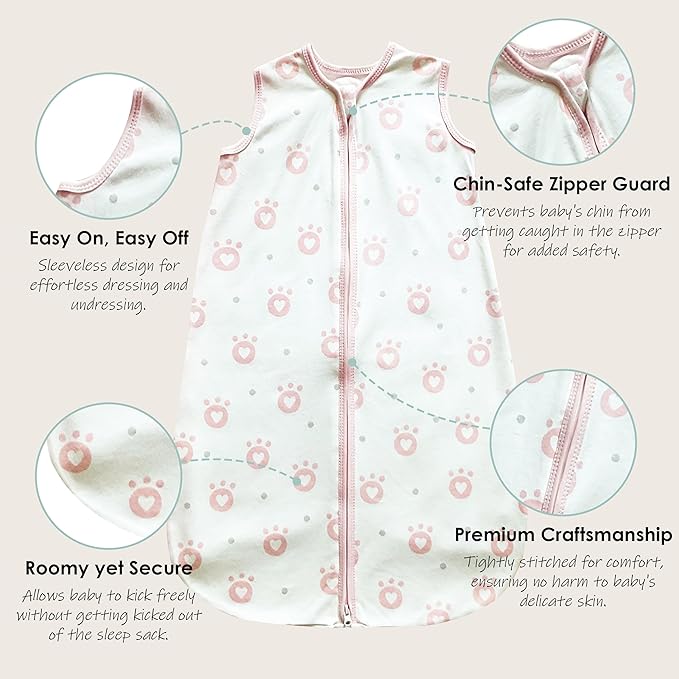 Cute Castle Baby Sleep Sack 0-6 Months - Lightweight 100% Cotton 2-Way Zipper TOG 0.5 Infant Wearable Blanket, Newborn Essentials Toddler Sleep Clothes, 3 Pack(Pink, Bear, Bear Claw)