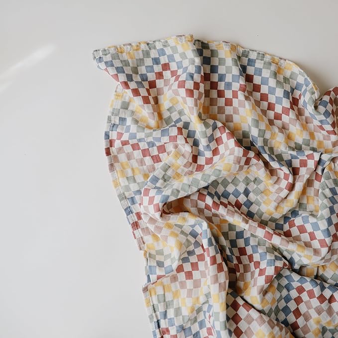 mushie Muslin Baby Swaddle Blanket | 100% Organic Cotton (Retro Check)