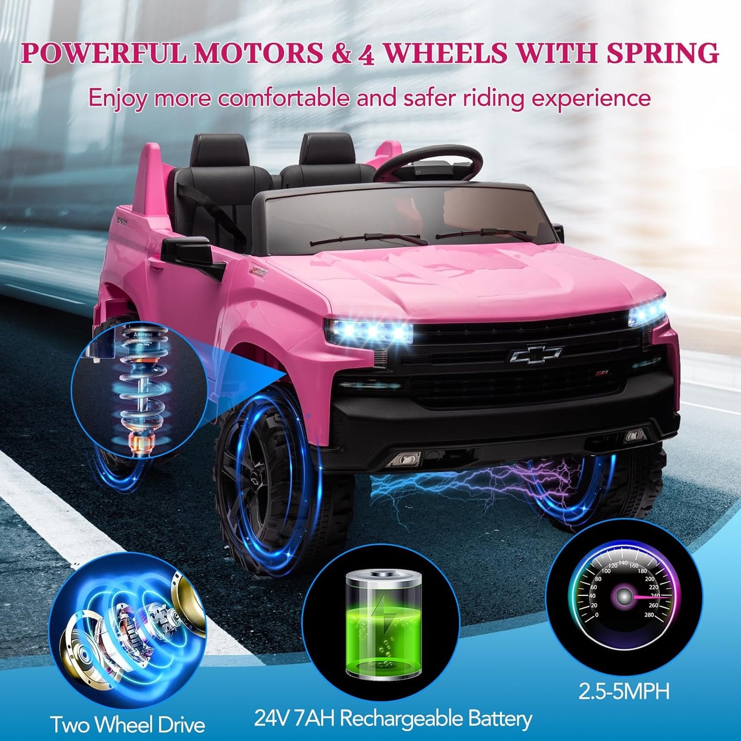 Hetoy 24V 2-Seater Truck Licensed Chevrolet Silverado Ride On Car Toy w/Parent Remote Control,4xSpring Suspension, 3 Speeds, Wireless Music, MP3 Player, Electric Vehicle Car for Kids, Pink