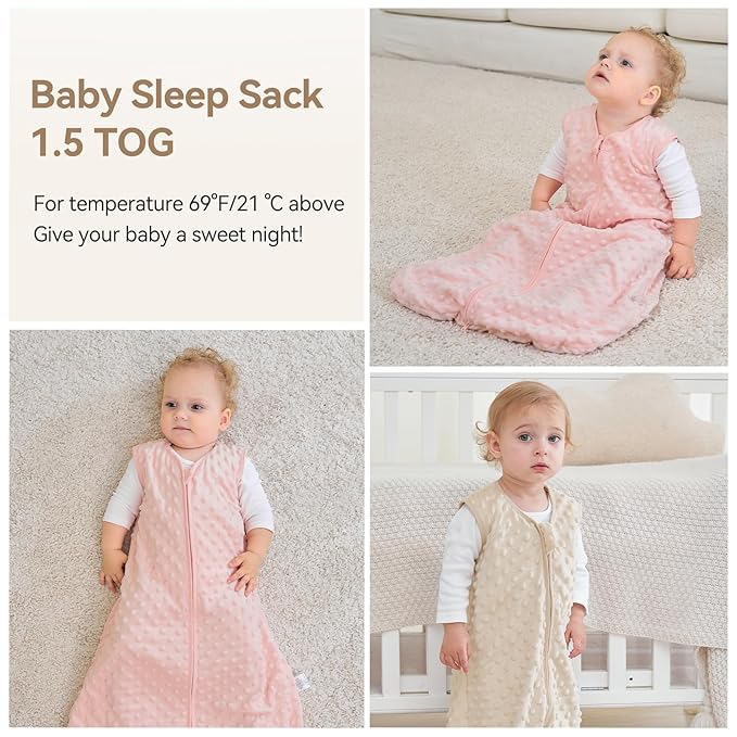 Fleece Baby Sleep Sack 18-24 Months with Plush Dots 1.5 Tog Baby Wearable Blanket with 2-Way Zipper Warm Sleeping Sack for Toddler Infant - XLarge, Apricot & Pink