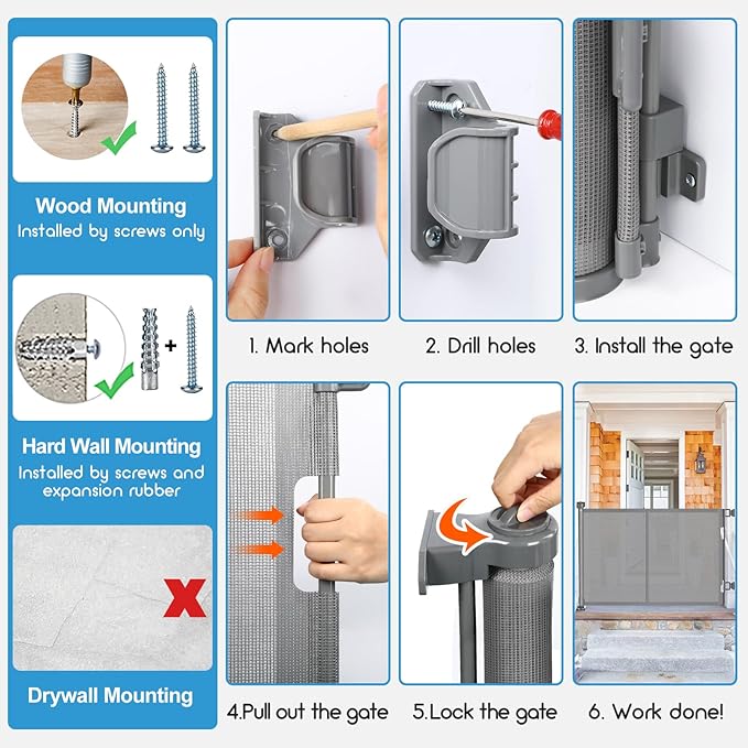 Upgrade 150 inch Retractable Baby Gates, EZIGO Extra Wide Baby Gate for Large Opening Extra Long Mesh Gate for Kids or Pet Dog Gate Child Safety Gate for Stairs Hallways Doorway Indoor Outdoor, Gray