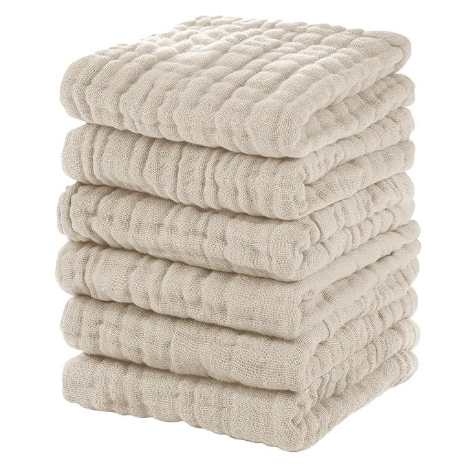 Muslin Baby Washcloths 6 Pack, 100% Cotton Wash Cloths for Babies, Large 12''X12'' Burp Cloths Absorbent and Soft for Newborn Infants Kids Boys Girls - Apricot
