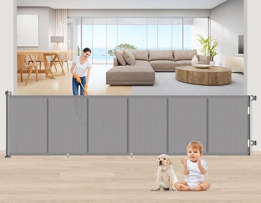Upgrade 150 inch Retractable Baby Gates, EZIGO Extra Wide Baby Gate for Large Opening Extra Long Mesh Gate for Kids or Pet Dog Gate Child Safety Gate for Stairs Hallways Doorway Indoor Outdoor, Gray