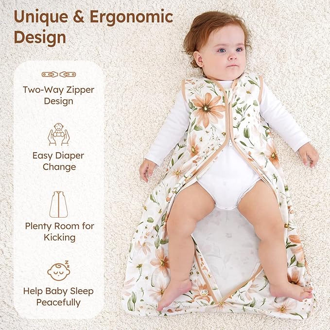 Baby Sleep Sack 0-6 Months 100% Cotton Lightweight 0.5 TOG Wearable Blanket Baby Sleep Bag with 2-Way Zipper for Newborn Infant Orange Flowers