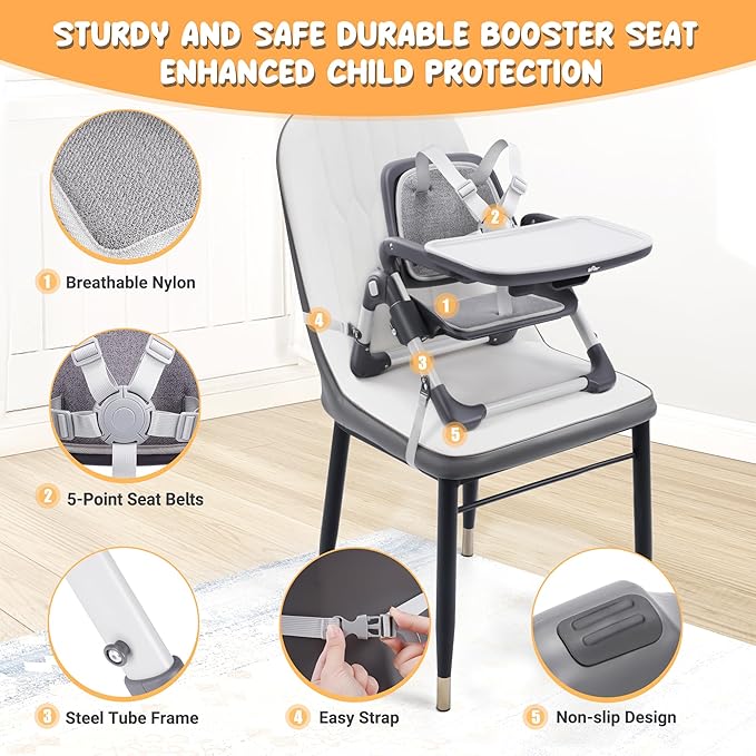 Bear Booster Seat for Kitchen Chairs, Portable High Chair for Babies 6–12 Months, Adjustable 3-Level Foldable Booster with Removable Tray, Ideal for Home, Outdoor, Camping, and Travel