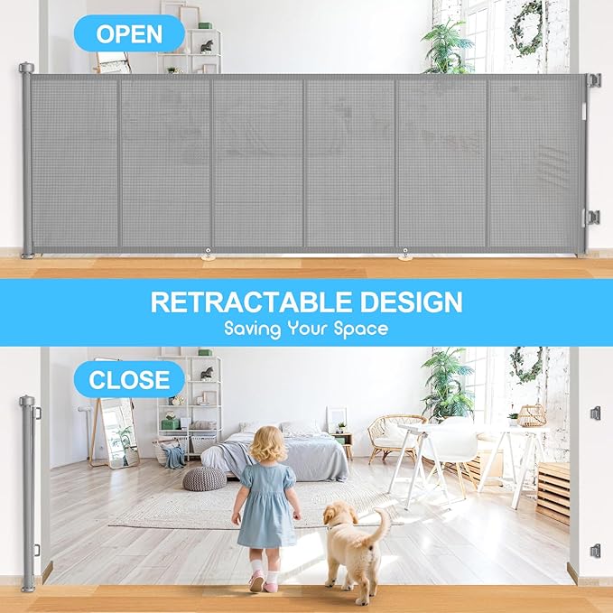 120 Inch Retractable Baby Gates Extra Wide, 41 Inch Reinforced Extra Tall Gate for Large Openings, Mesh Safety Gate for Kids Pets, Retractable Dog Gate for Stair Hallways Doorway Indoor Outdoor, Gray