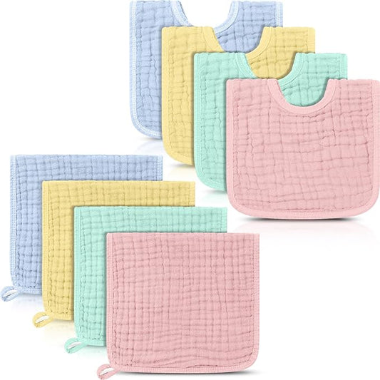 Tallew 8 Pack Baby Bibs and Muslin Burps for Baby Boy Girl Drooling and Teething 20" x 10" Burp Cloths Absorbent Rag Soft Cotton Bibs for Newborn Toddler Infant 0-24 Month Essentials(Macaron Color)