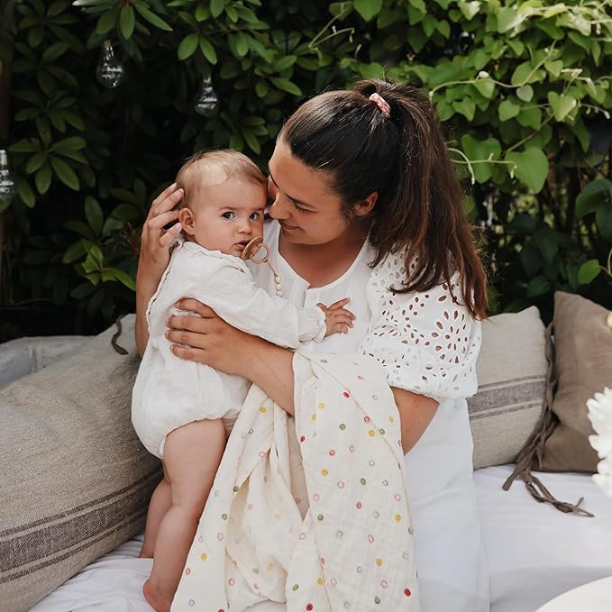 mushie Muslin Baby Swaddle Blanket | 100% Organic Cotton (Smiley Face)