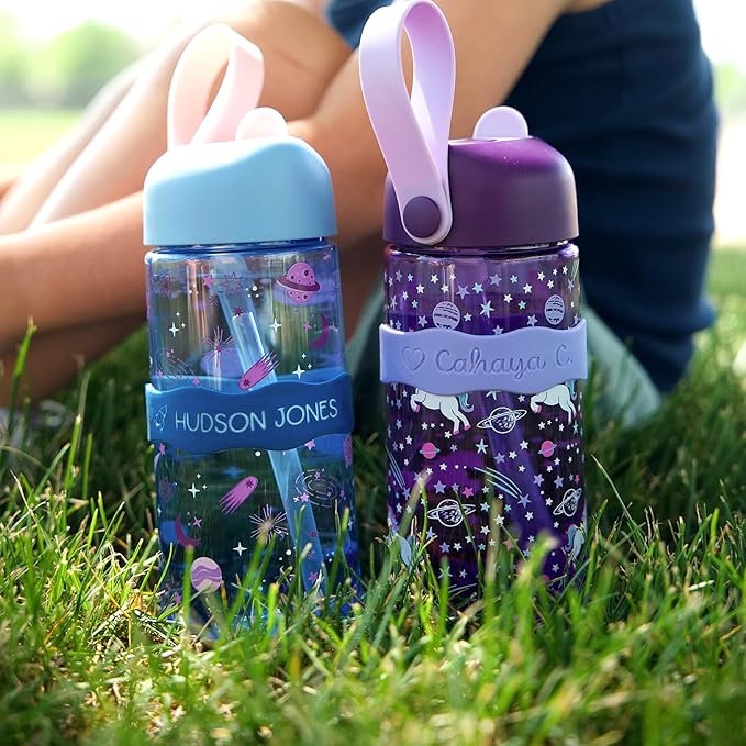 InchBug Orbit Labels Baby Bottle and Water Bottle Silicone Name Bands – Personalized Reusable Label Set for Daycare, Sippy Cups, Preschool, Elementary School, Dishwasher Safe, 4-Pack (Deep Sky Blue)