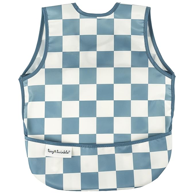 Twinkle Short Sleeve Apron Baby & Toddler Bib – Waterproof, Mess-Proof Bibs for Eating & Feeding, Machine Washable, Perfect Holiday Gift (Blue Checkers, 6–24M)