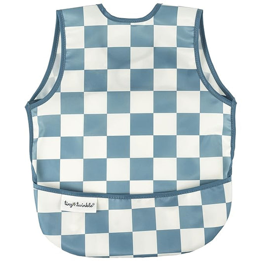 Twinkle Short Sleeve Apron Baby & Toddler Bib – Waterproof, Mess-Proof Bibs for Eating & Feeding, Machine Washable, Perfect Holiday Gift (Blue Checkers, 6–24M)