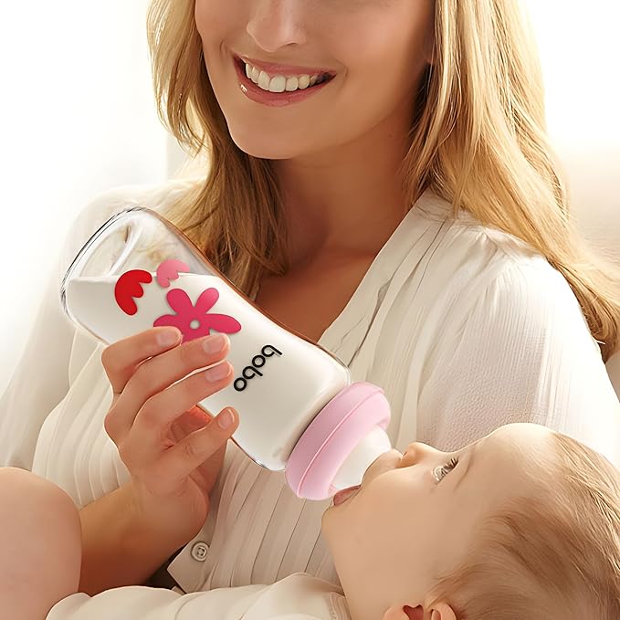 YOHKOH Natural Glass Baby Bottle with Natural Response Nipple, Newborn Anti-Colic Baby Bottles, Wide Neck Mushroom Cap Baby Bottle, Clear (8.8oz (Pack of 2), Red-A)