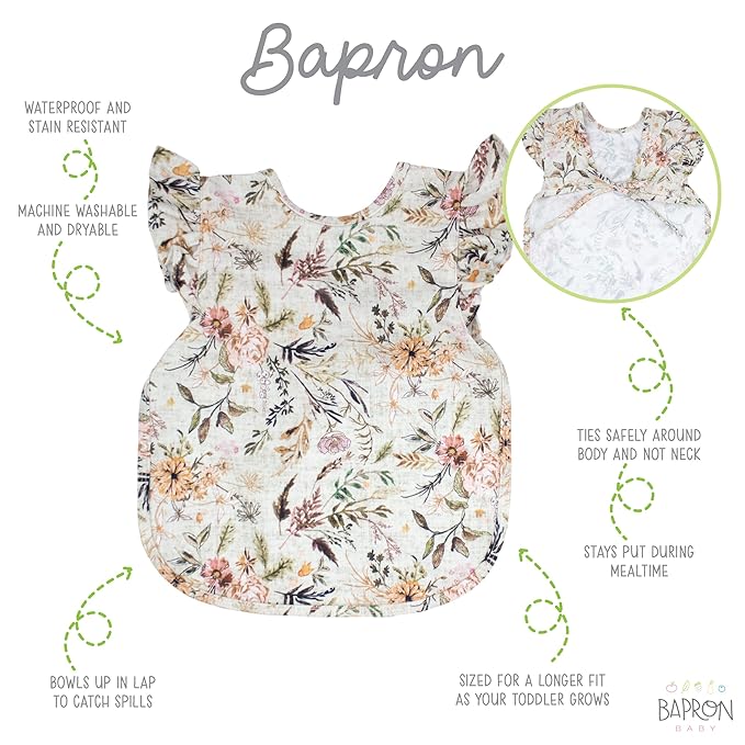 BapronBaby Flutter Delilah Floral Bapron - No Neck Tie Safer Bib for Baby & Toddler - Soft Waterproof Stain Resistant - Machine Washable - Sz Preschool 3-5yrs