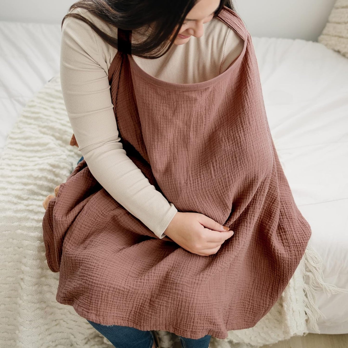 Konssy Muslin Nursing Cover for Baby Breastfeeding, Breathable 100% Cotton Breastfeeding Cover with Rigid Hoop for Mother Nursing Apron, Multi-use Carseat Canopy (Chestnut)