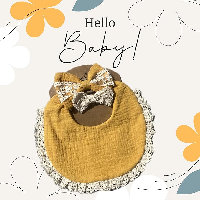 Baby Girl Gift Set, Muslin BoHo Bib with Lace and Matching Bows, Absorbent Cotton Adjustable Bib for Newborn Infant Toddler