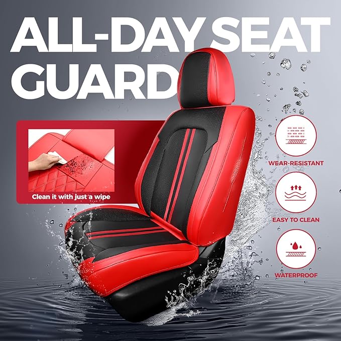 FREESOO Front Seats 2PCS Leather Car Seat Covers, Ultra Breathable Waterproof Seat Covers for Cars Trucks SUV, Carseat Protector Car Seat Cover Fit for Most Vehicles, Black Red