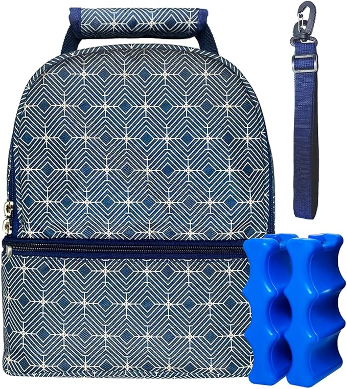 Insulated Breast Milk Cooler Bag – Fits 6 Bottles -Inclueds 2 Ice Packs – Dual Zipper Compartments - Detachable Strap - 9.4"x6.7"x10.6" – Blue Geometric Design - Portable & Durable
