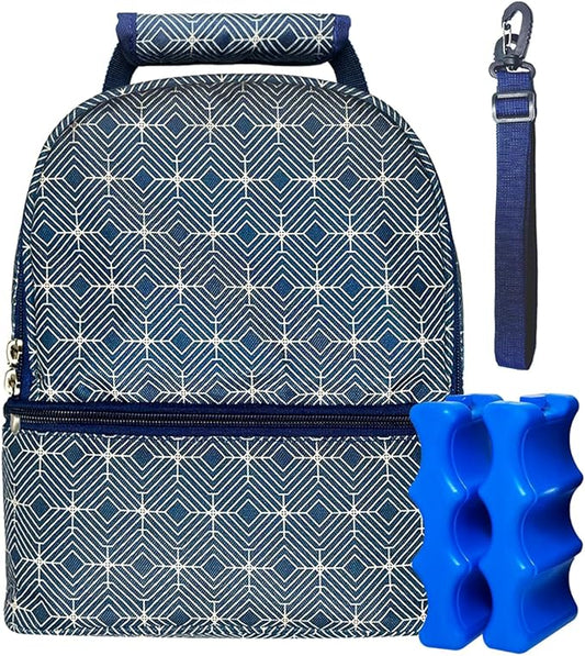 Insulated Breast Milk Cooler Bag – Fits 6 Bottles -Inclueds 2 Ice Packs – Dual Zipper Compartments - Detachable Strap - 9.4"x6.7"x10.6" – Blue Geometric Design - Portable & Durable