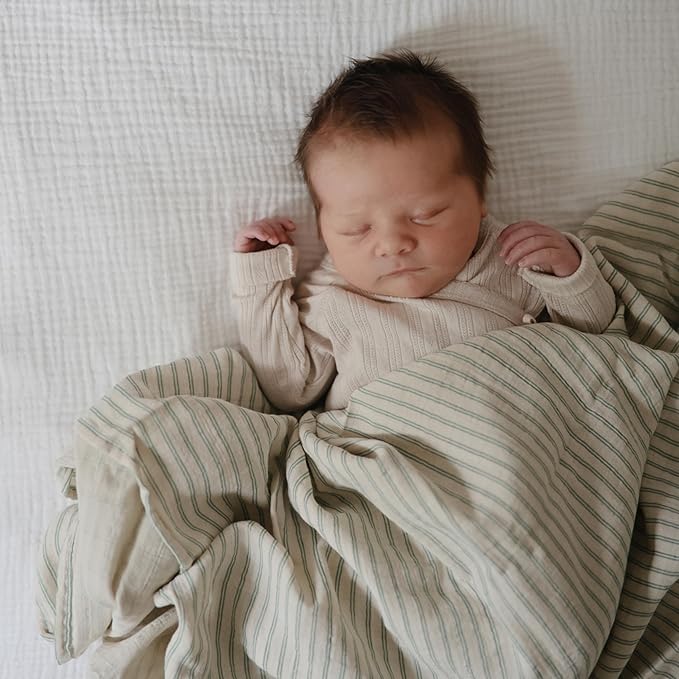 mushie Muslin Baby Swaddle Blanket | 100% Organic Cotton (Sage Stripe)