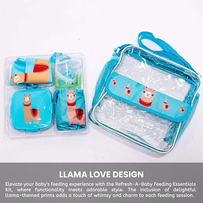 Refresh-a-Baby Feeding Essentials Kit for Feeding on The go Includes: Universal Bottle Top Adaptor Resealable Container Silicone Bib Clear Travel Bag & More (Llama Love)