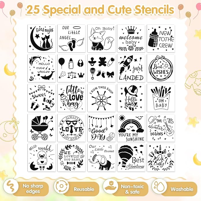 Pydeeirom 151 Pcs Baby Shower Game Decorations Kit with Bibs, Bodysuits, Wooden Sign & Fabric Markers (Classic)