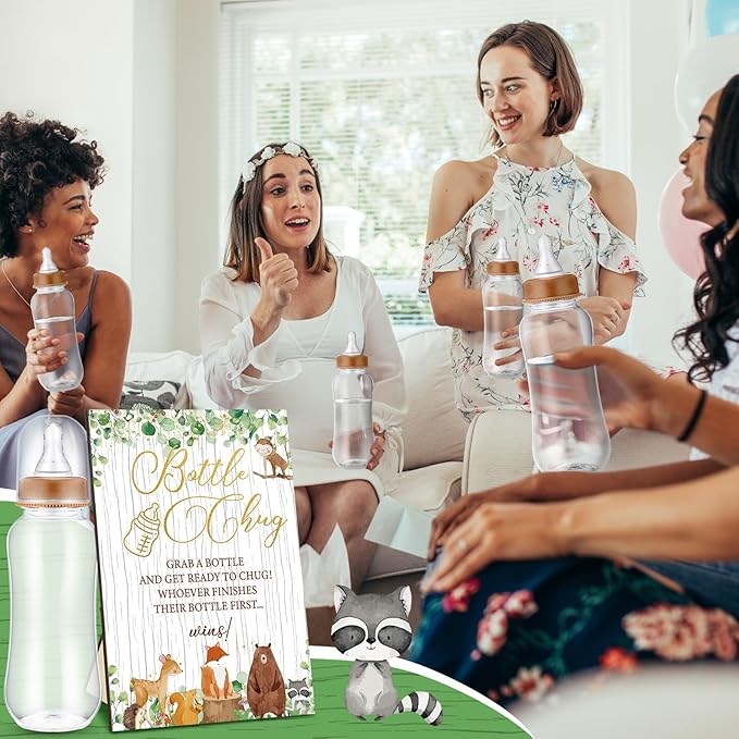 TrelaCo Woodland Animal Cool Baby Shower Games Bottle Chug Sign Wooden Woodland Gift Sets Gender Reveal Party Favors and 12 Pcs Baby Bottle Shower Favor for Gender Reveal