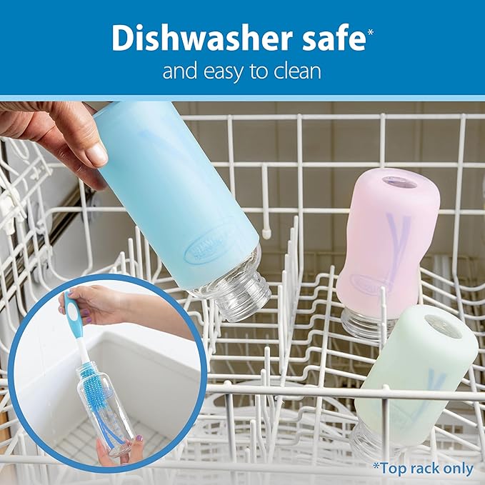 Dr. Brown's Anti-Colic Options+ Narrow Glass Baby Bottles with Silicone Sleeves, Blue, Glow, Mint, BPA-Free, 8 oz/250 mL, 0m+, 3-Pack