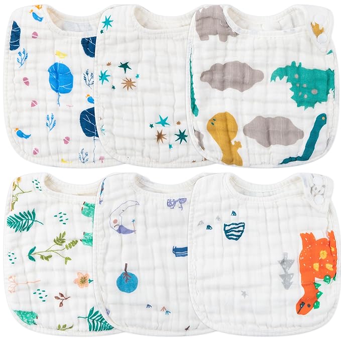 Zainpe 6Pcs Snap Muslin Cotton Baby Bibs Dinosaur Star Bear Pattern Bib, Adjustable Burp Cloths with 6 Absorbent & Soft Layers for Infants Newborns Toddlers Drooling Feeding Teething