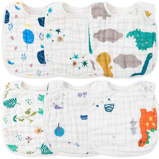Zainpe 6Pcs Snap Muslin Cotton Baby Bibs Dinosaur Star Bear Pattern Bib, Adjustable Burp Cloths with 6 Absorbent & Soft Layers for Infants Newborns Toddlers Drooling Feeding Teething