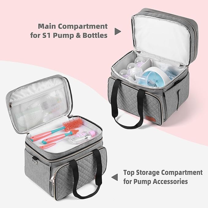 Breast Pump Bag Fits for Spectra S1 and S2, Double Deck Pumping Bag with Waterproof Mat for Pump Accessories, Pump Carrying Bag for Moms Work, Travel - Grey