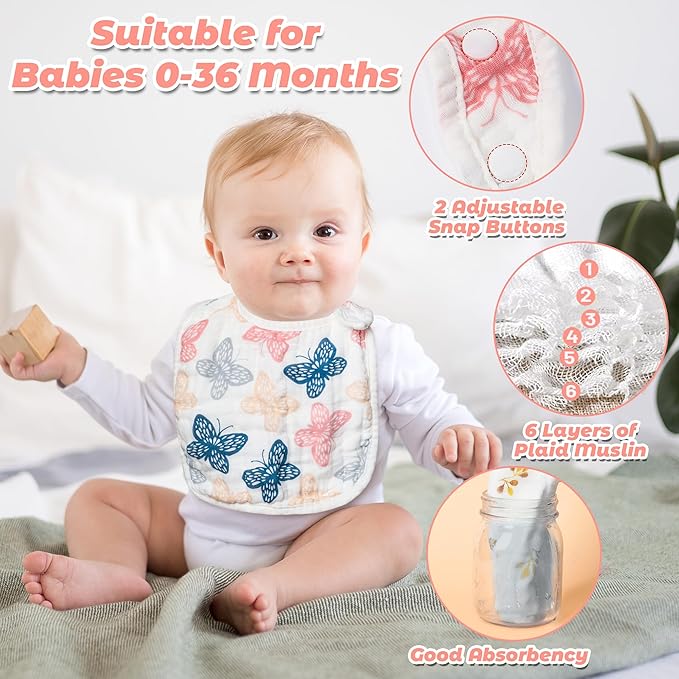 Zainpe 20Pcs Snap Muslin Cotton Baby Bibs Soft Absorbent Adjustable Burp Cloths for Newborns Drooling Feeding Teething Eating
