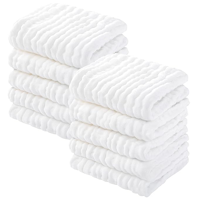 Yoofoss Muslin Baby Washcloths 100% Organic Cotton Face Towels 10 Pack Wash Cloths for Baby 12x12in Soft and Absorbent Baby Wipes (White)