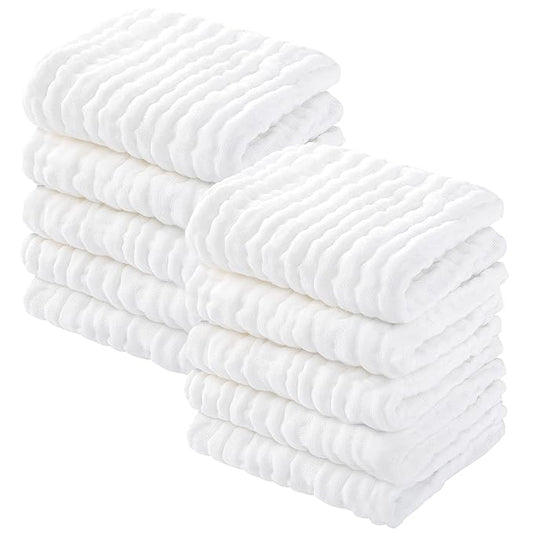 Yoofoss Muslin Baby Washcloths 100% Organic Cotton Face Towels 10 Pack Wash Cloths for Baby 12x12in Soft and Absorbent Baby Wipes (White)