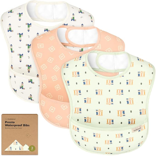 KeaBabies 3-Pack Waterproof Baby Bibs for Eating - Lightweight Toddler Feeding Bibs with Large Food Catcher, Mess Proof, Food-Grade Baby Eating Essentials, Easy to Put On & Clean (Toy Land)