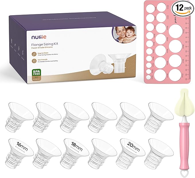 Nuliie 12PCS Silicone Flanges Insert Replacement Kit, Flange Sizing Kit 16/18/20mm for 24mm Flange/Shield Breast Pumps, Pumping Essential Kit for Moms