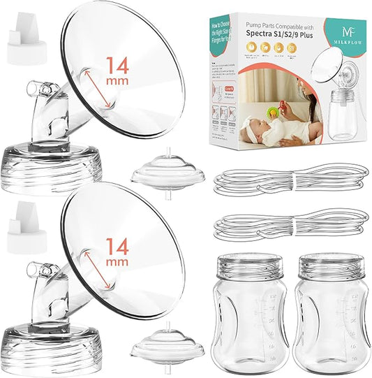 Breast Pump Parts Compatible with Spectra S1,S2,S9 Plus, Replacement Kit for Spectra Pump Parts 2PCS Include 14 mm Flange, Duckbill Valve, Tube,Bottle, Backflow Protector, Not Original Accessories