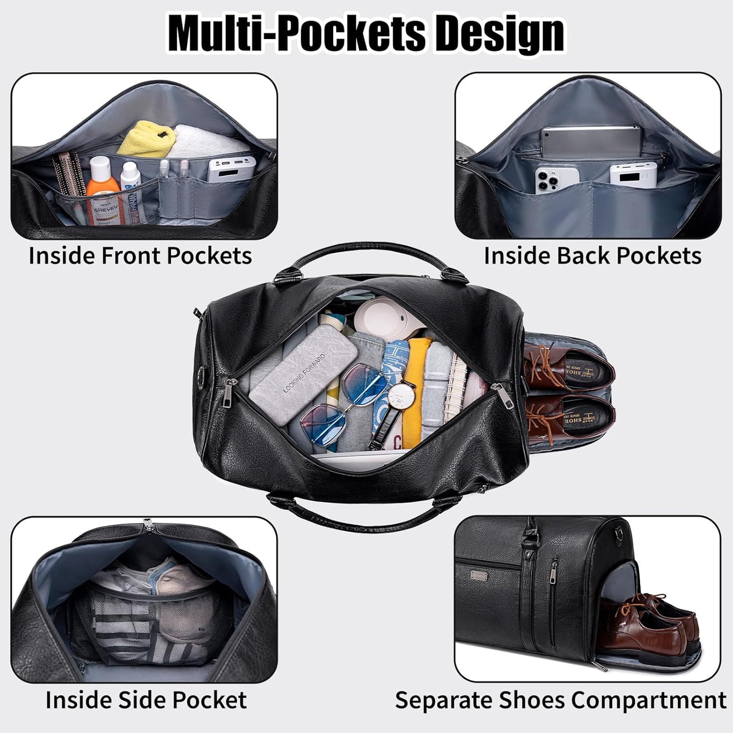 Large Leather Duffel Bag for Travel, Weekender Bag for Men or Women with Shoe Compartment, Waterproof Carry On Bag with Toiletry Bag, Travel Tote Bag with Luggage Strap (Black)