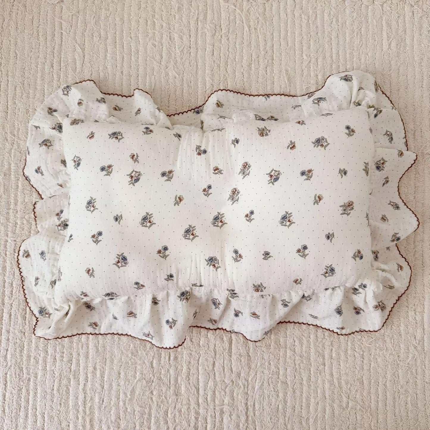 BuLuTu 100% Cotton Muslin Pillow Covers Fit for Kids Standard Size Pillow, Pansy Floral Print with Dots Pattern Children Ruffled Pillow Case, 1 pc, 20x26 Inch, Machine Washable