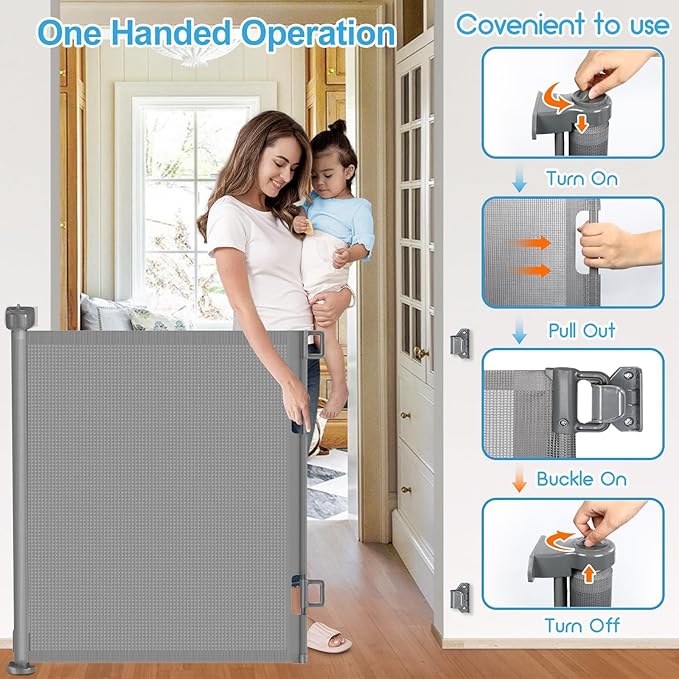 Upgrade 180 inch Retractable Baby Gates, EZIGO Extra Wide Baby Gate for Large Opening Extra Long Mesh Gate for Kids or Pet Dog Gate Child Safety Gate for Stairs Hallways Doorway Indoor Outdoor, Gray