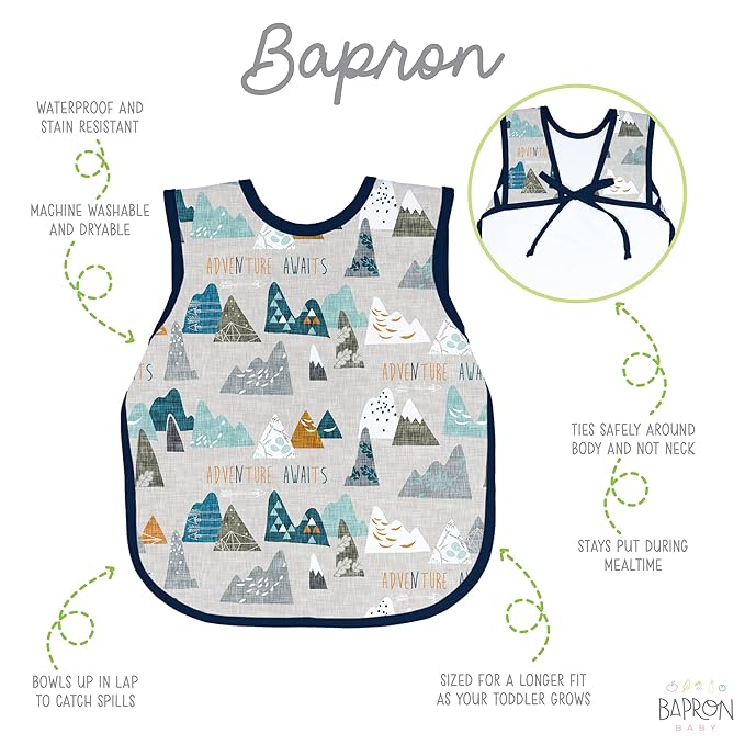 BapronBaby Adventure Awaits Bapron - No Neck Tie Safer Bib for Baby & Toddler - Soft Waterproof Stain Resistant - Machine Washable - Sz Baby/Toddler 6m-3T