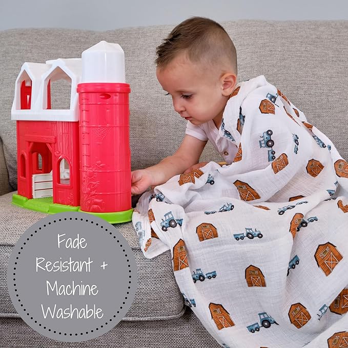 LollyBanks Swaddle Blanket, 100% Cotton Muslin Swaddle Blankets for Boys and Girls, Large 47 x 47 Inches Newborn Swaddles, Soft and Breathable Baby Blanket, Baby Essentials, Registry (Barn Print)