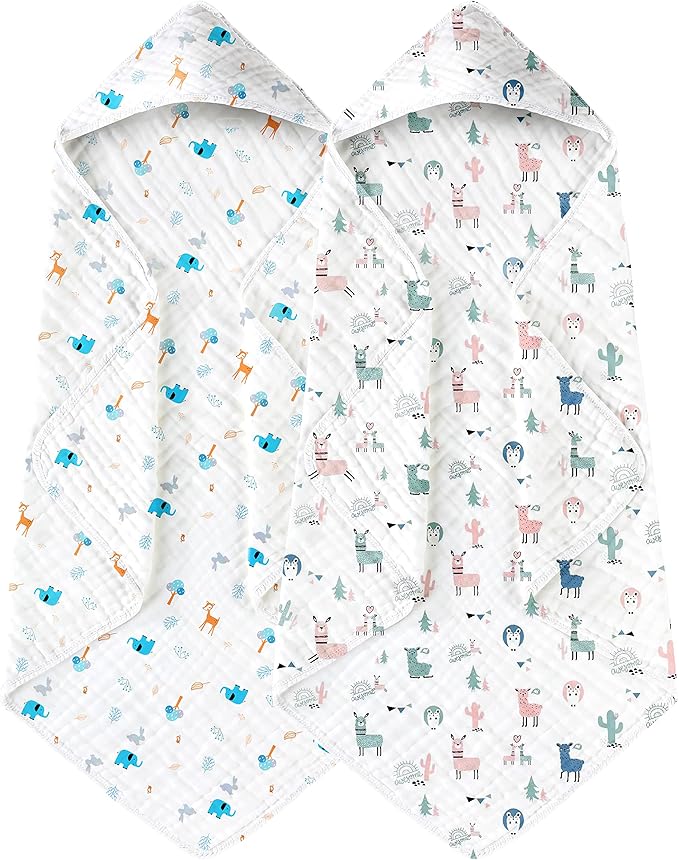 Yoofoss Hooded Baby Towels for Newborn 2 Pack 100% Muslin Organic Cotton Baby Bath Towel with Hood for Babies, Infant, Toddler and Kids, 32x32Inch, Soft and Absorbent Newborn Essential,Alpaca&Elephant