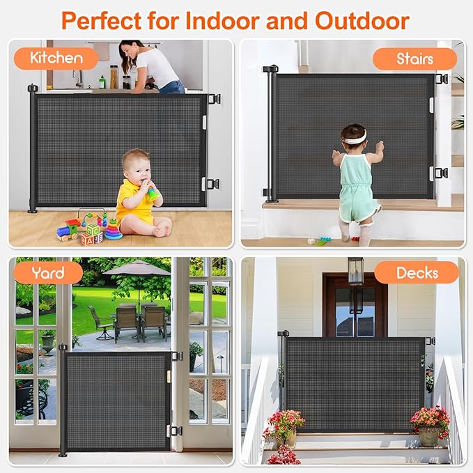 55 inch Retractable Baby Gates, EZIGO Extra Wide Baby Gate for Large Opening Extra Long Mesh Gate for Kids or Pet Dog Gate Child Safety Gate for Stairs Hallways Doorway Indoor Outdoor, Black