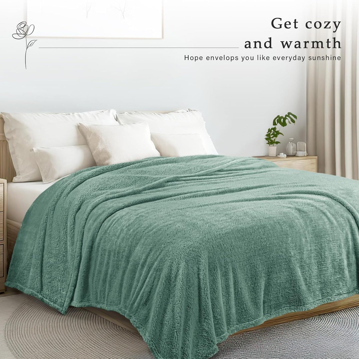 Exclusivo Mezcla Queen Size Flannel Fleece Blanket, Super Soft Velvet Plush Bed Blanket, Fuzzy Cozy and Warm for All Seasons, 90x90 Inches, Celadon