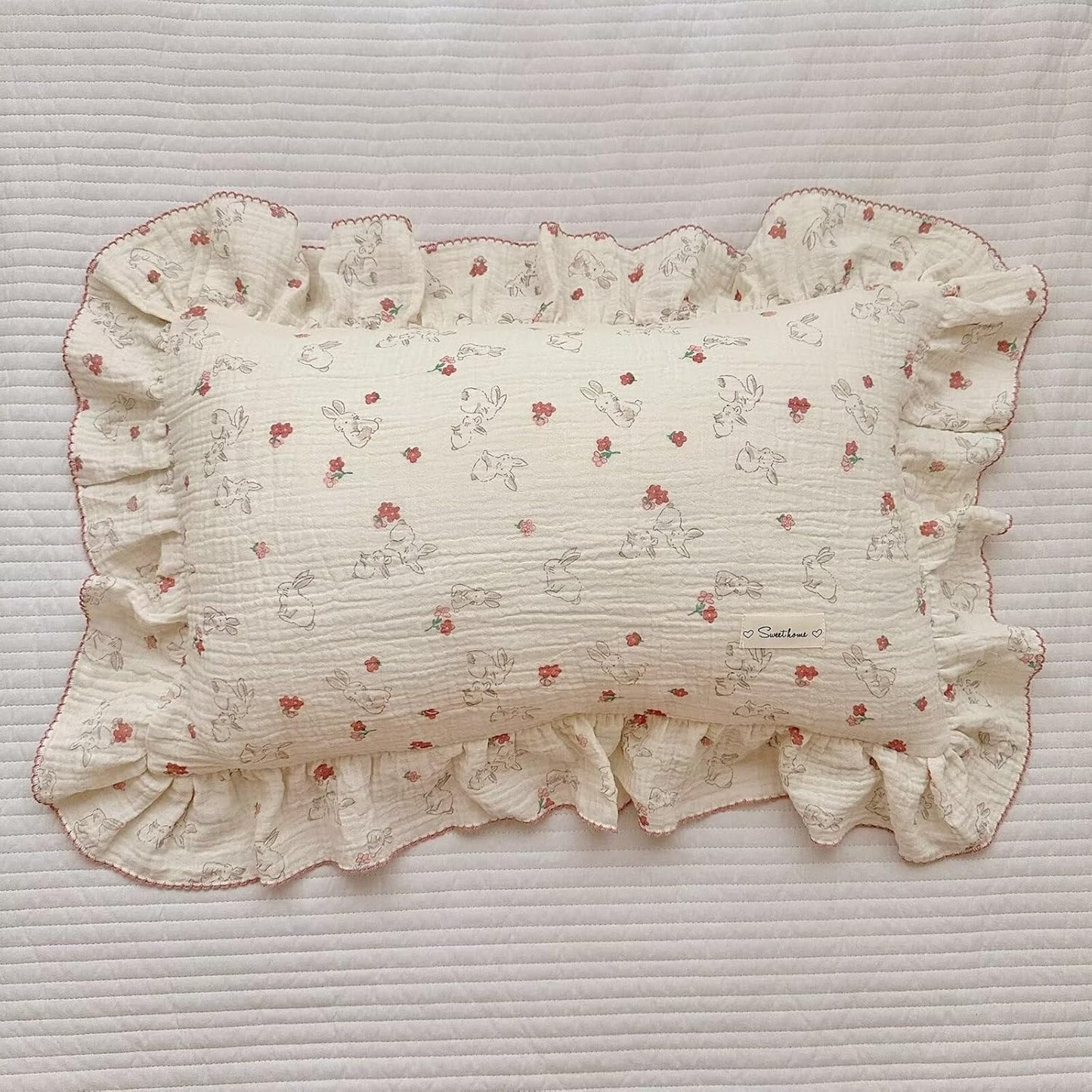 BuLuTu Rabbit Floral Toddler Pillowcase Muslin Cotton Kids Pillow Case Standard Size, 20"x26", Soft Breathable Children Bedding Pillow Cover for Girls Boys,1 Piece, Bunny Pattern