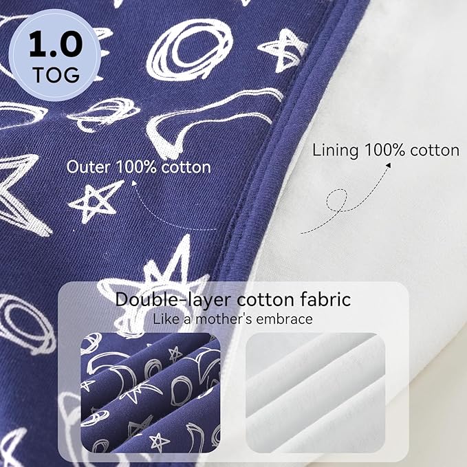 Baby Sleep Sack 6-12 Months 1.0 Tog Baby Wearable Blanket 100% Cotton Sleeping Sack with 2-Way Zipper for Infant Newborn Blue& Green space