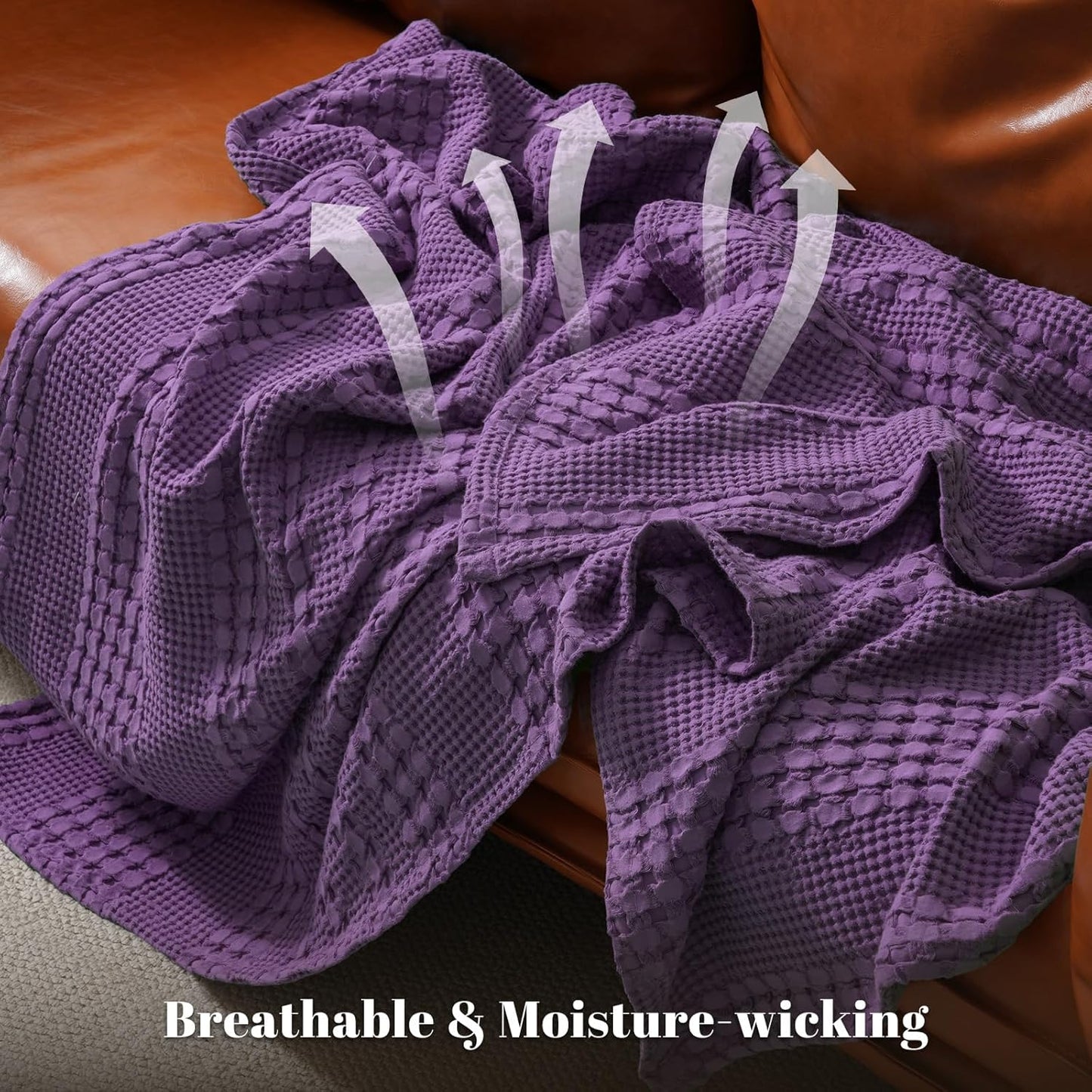 PHF 100% Cotton Waffle Weave Blanket King Size, Soft Lightweight Breathable Cozy Summer Blankets for Bed, Luxury Aesthetic Woven Bedding for Home Decor, 108"x90", Grape Purple