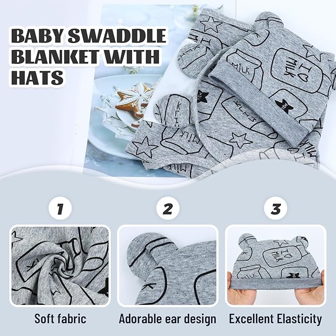 Cinaci 2 Pack Adjustable Soft Cotton Blend Newborn Baby Receiving Swaddle Blankets Sleep Sacks with Nursery Hats Caps Beanies Bonnets for Baby Girls Boys Newborns Infants